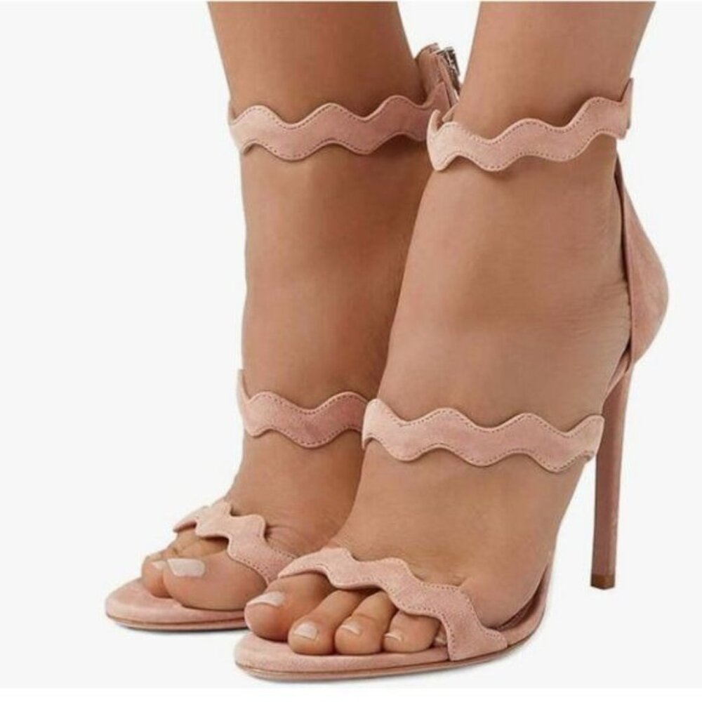FSJ Nude Hot Open Toe Strappy Sandals Suede Dress Shoes for Party Wedding